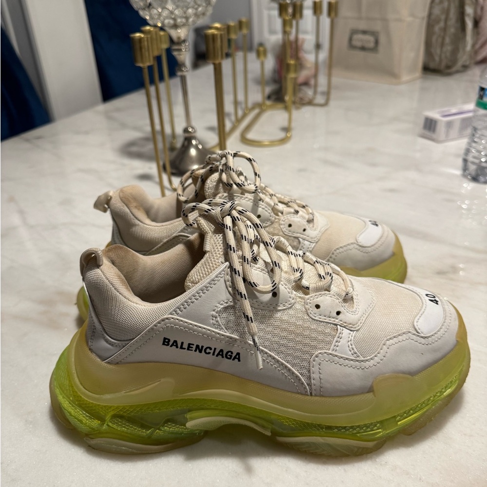 Balenciaga Women's Cream and Neon Green Sneakers